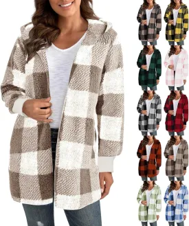 Sherpa Jacket Women Soft Comfy Plaid Fuzzy Fleece Jacket Open Front Hooded Cardigan Casual Oversized Outerwear