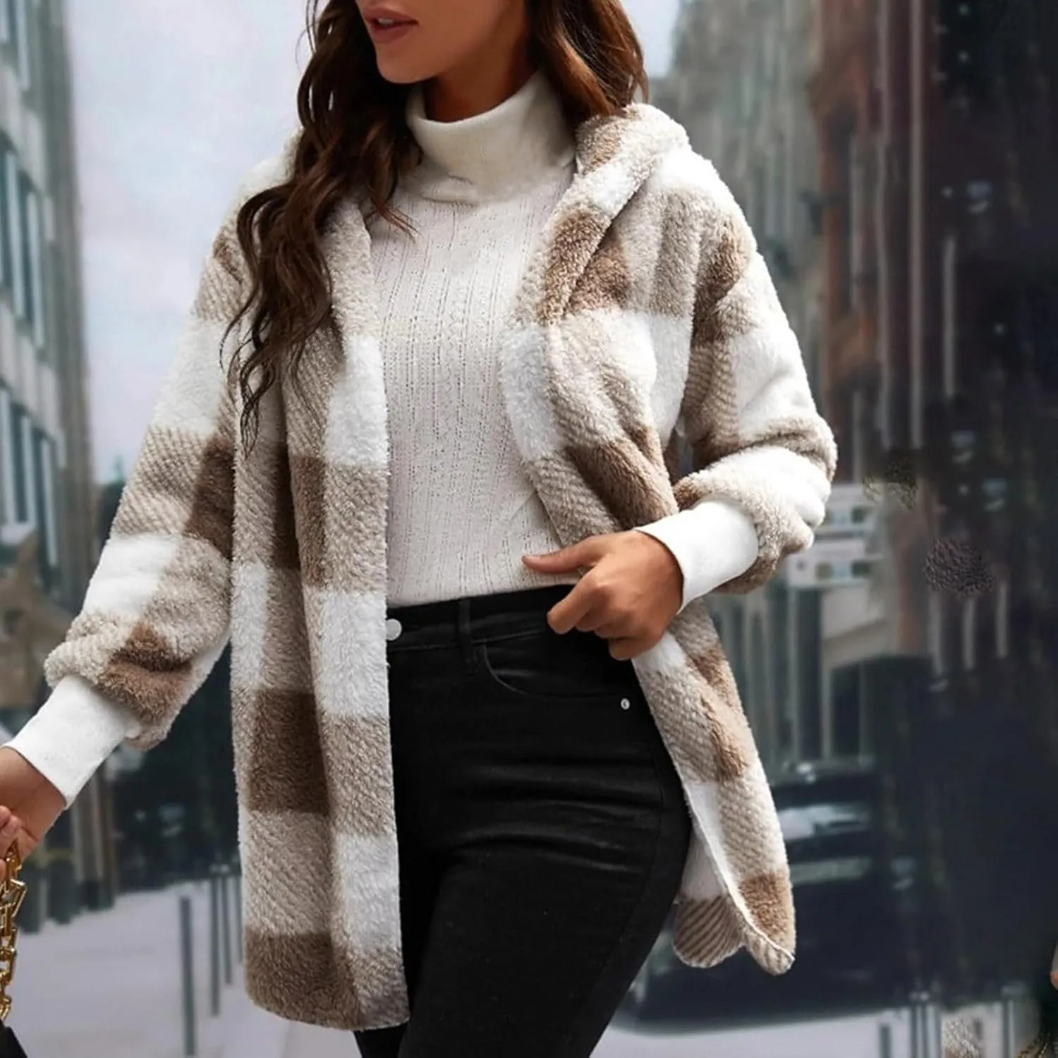 Sherpa Jacket Women Soft Comfy Plaid Fuzzy Fleece Jacket Open Front Hooded Cardigan Casual Oversized Outerwear