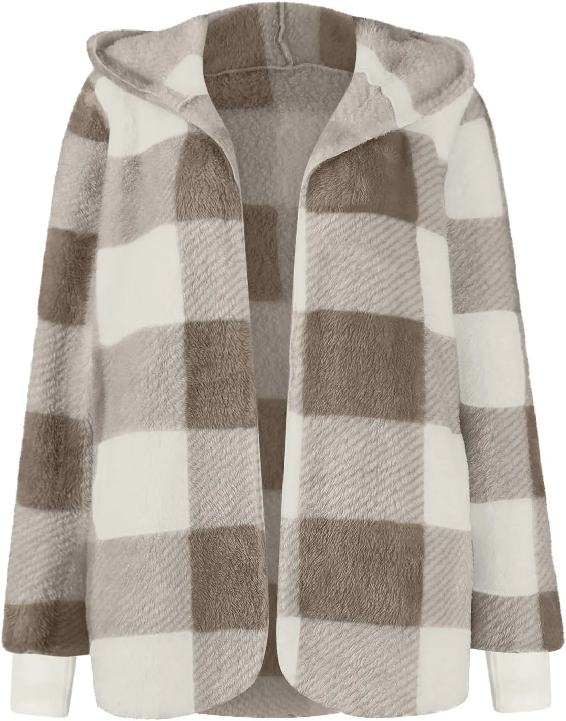 Sherpa Jacket Women Soft Comfy Plaid Fuzzy Fleece Jacket Open Front Hooded Cardigan Casual Oversized Outerwear