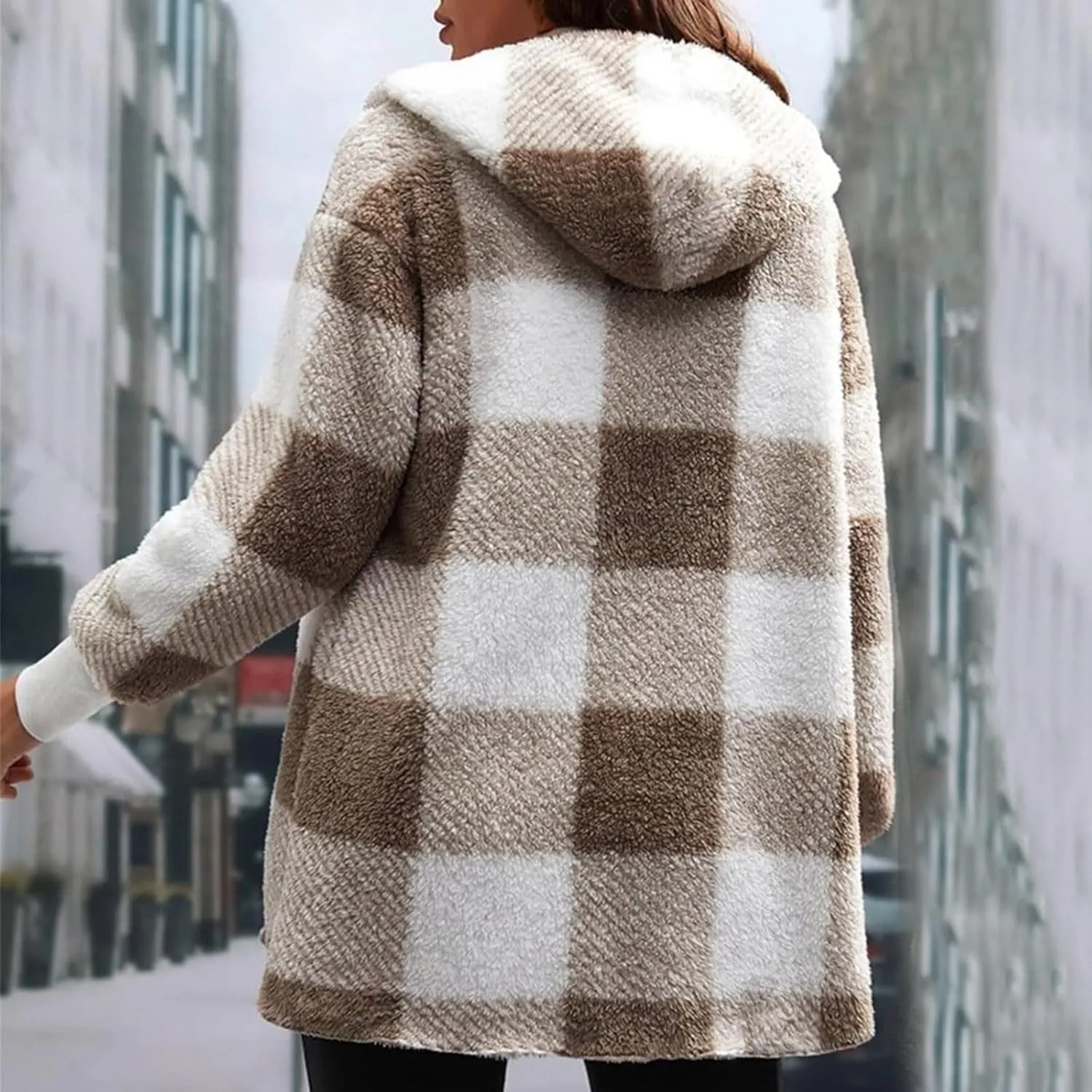 Sherpa Jacket Women Soft Comfy Plaid Fuzzy Fleece Jacket Open Front Hooded Cardigan Casual Oversized Outerwear