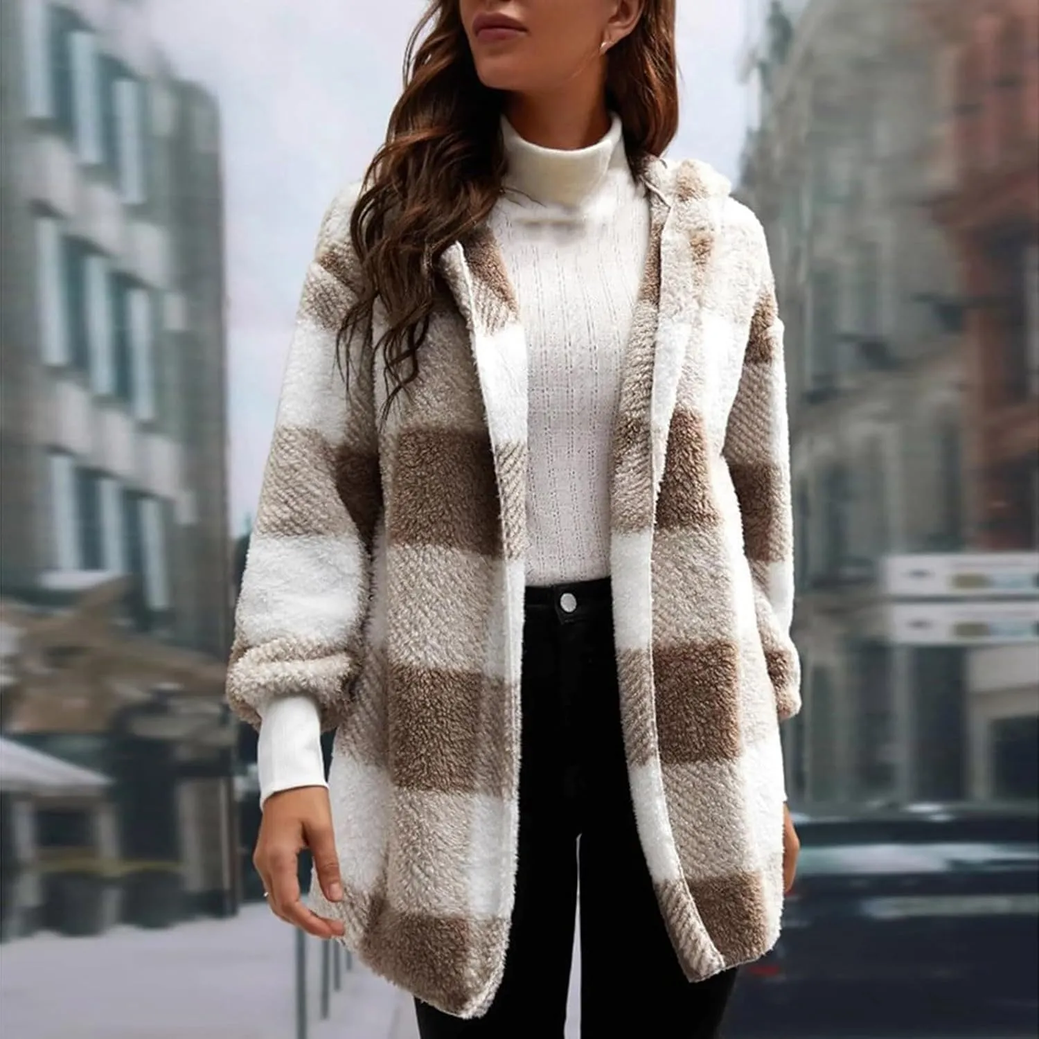 Sherpa Jacket Women Soft Comfy Plaid Fuzzy Fleece Jacket Open Front Hooded Cardigan Casual Oversized Outerwear