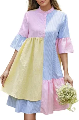 utcoco Womens Y2k Trendy Color Block Striped Shirt Dress Flutter Half Sleeve Loose Casual Button Down Dress