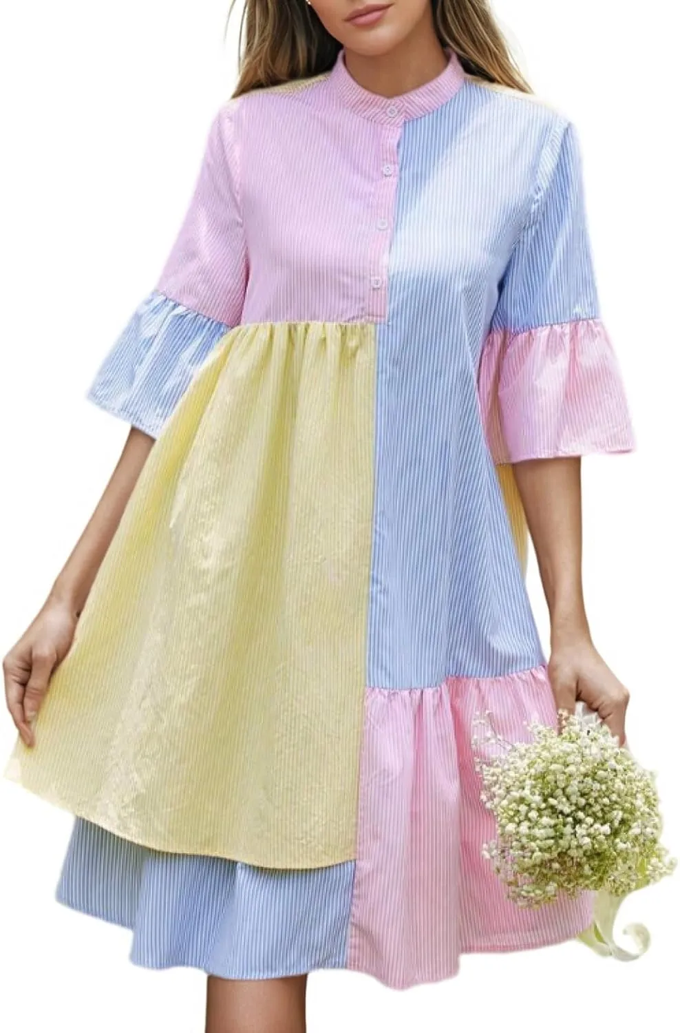 utcoco Womens Y2k Trendy Color Block Striped Shirt Dress Flutter Half Sleeve Loose Casual Button Down Dress