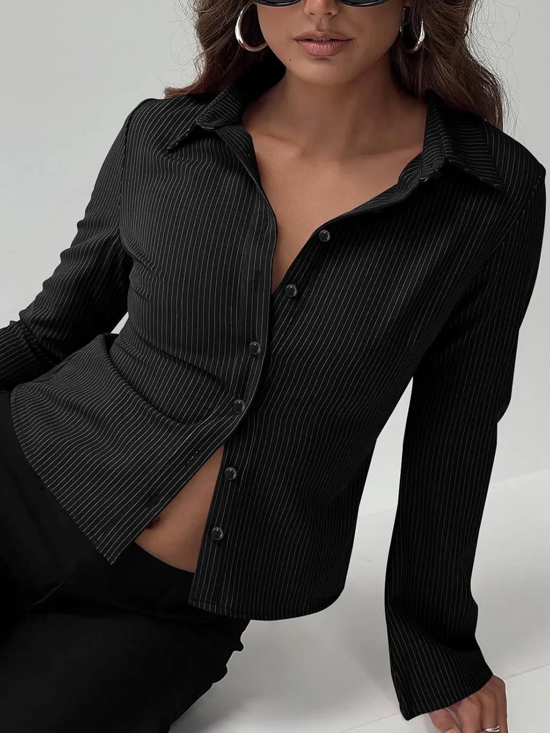 VNIRA Womens Button Down Shirts Striped Long Sleeve Collared Casual Work Blouses Spring Tops 2025 Trendy Outfits