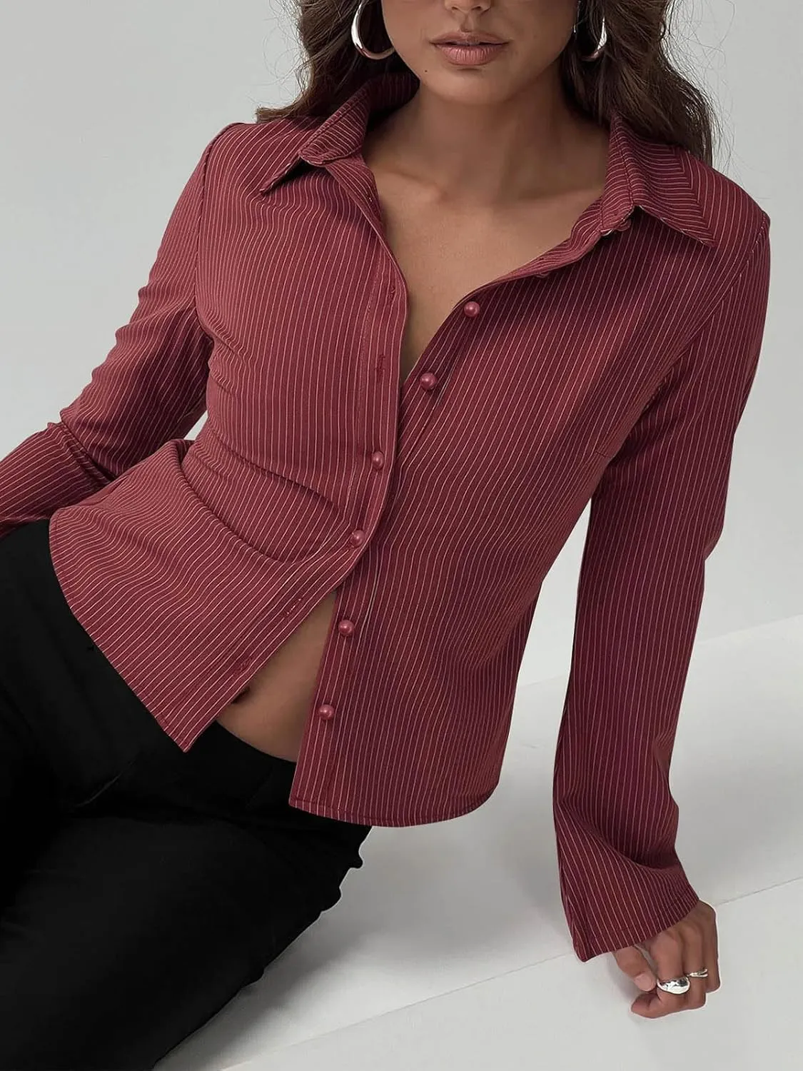 VNIRA Womens Button Down Shirts Striped Long Sleeve Collared Casual Work Blouses Spring Tops 2025 Trendy Outfits