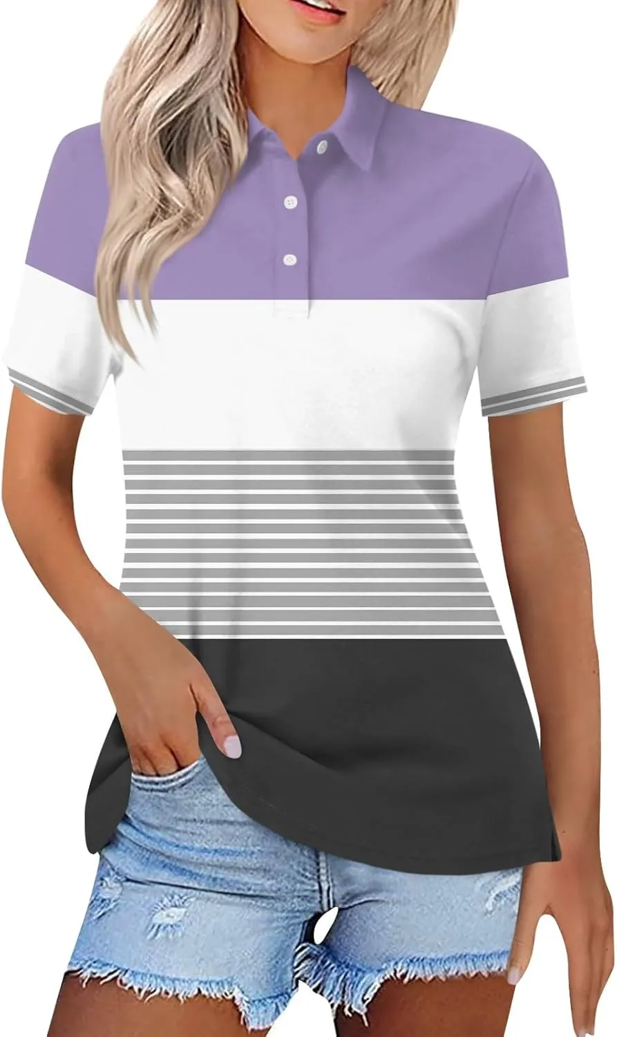 Women Polo Shirts for Work,Short Sleeve Summer Golf Tops Button Basic Striped Shirts Casual Collared Dressy Blouses