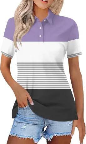 Women Polo Shirts for Work,Short Sleeve Summer Golf Tops Button Basic Striped Shirts Casual Collared Dressy Blouses