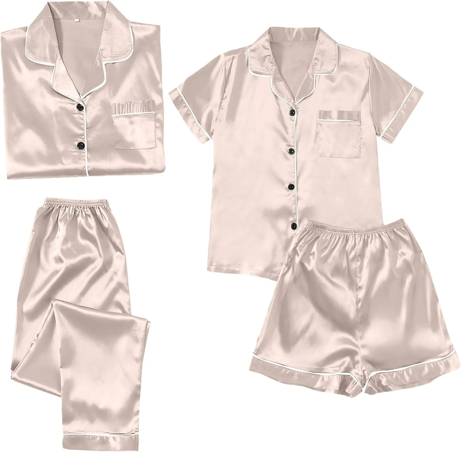 Women Satin Pajamas 4pcs Sleepwear Set Luxury Pants Shorts Button Short Long Sleeve Shirt Sets Soft Loungewear Suit