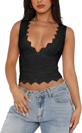Womens Sexy V-Neck Sleeveless Lace Cropped Tank Tops Going Out Y2K Top Streetwear