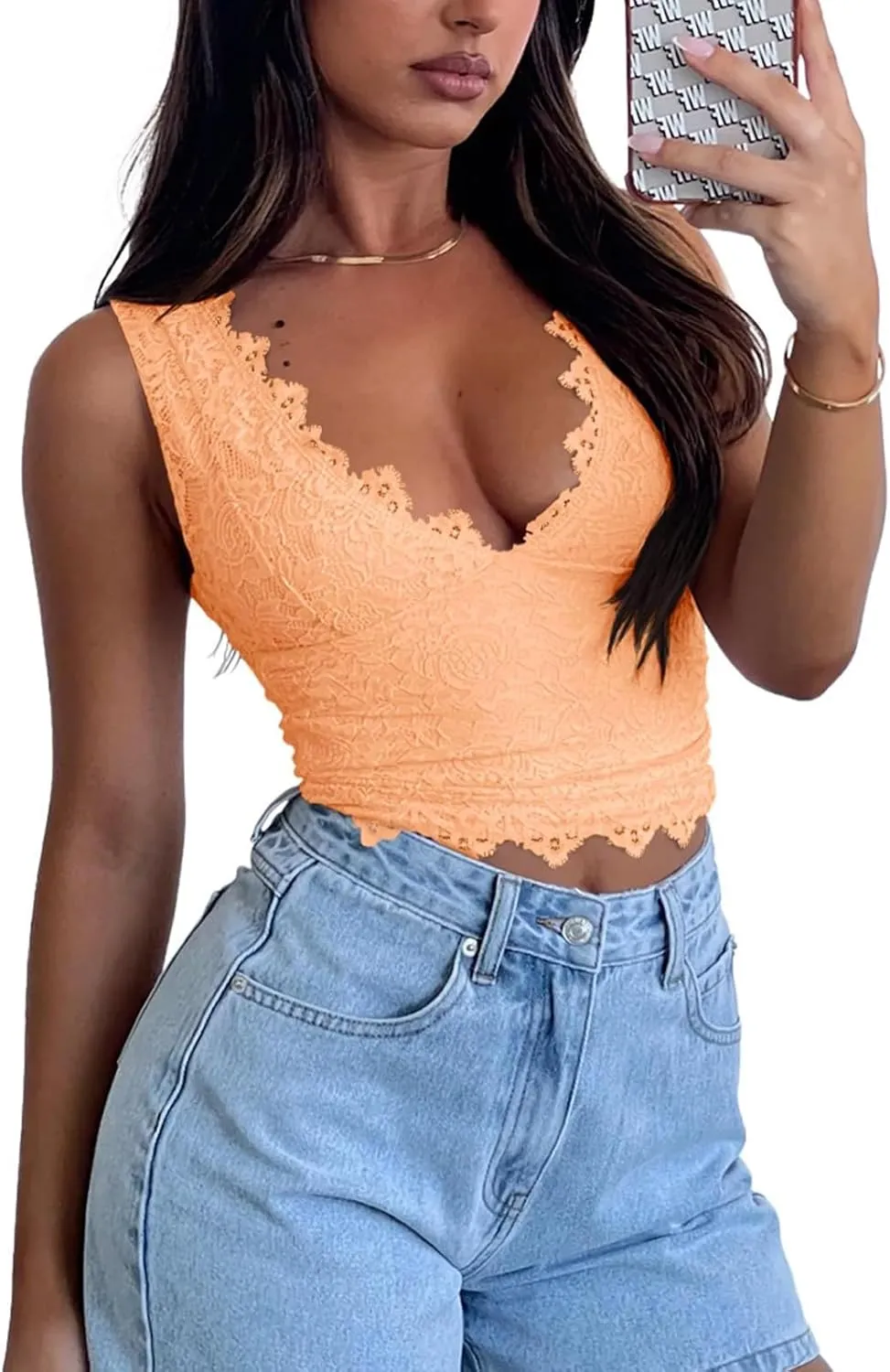 Womens Sexy V-Neck Sleeveless Lace Cropped Tank Tops Going Out Y2K Top Streetwear