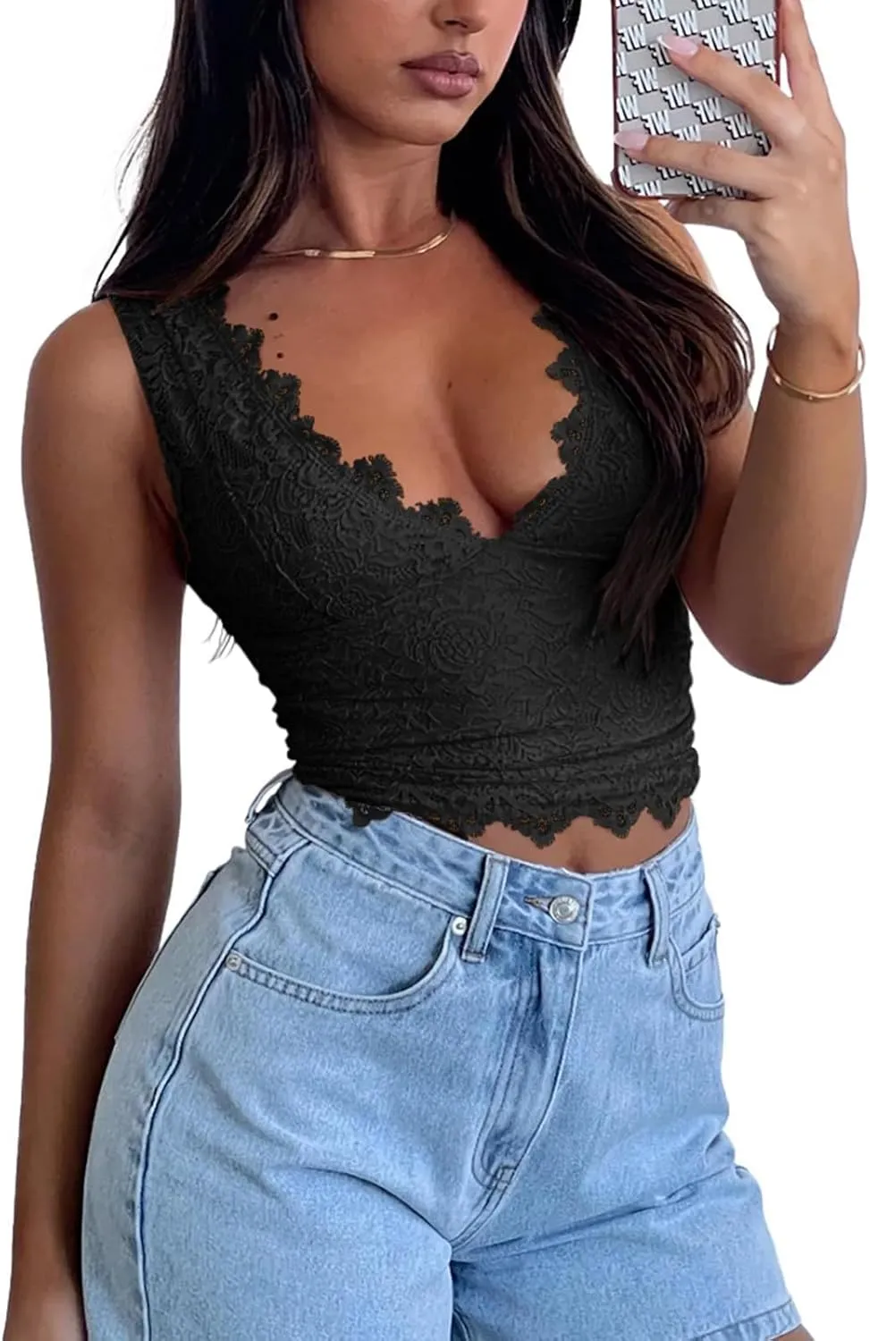Womens Sexy V-Neck Sleeveless Lace Cropped Tank Tops Going Out Y2K Top Streetwear