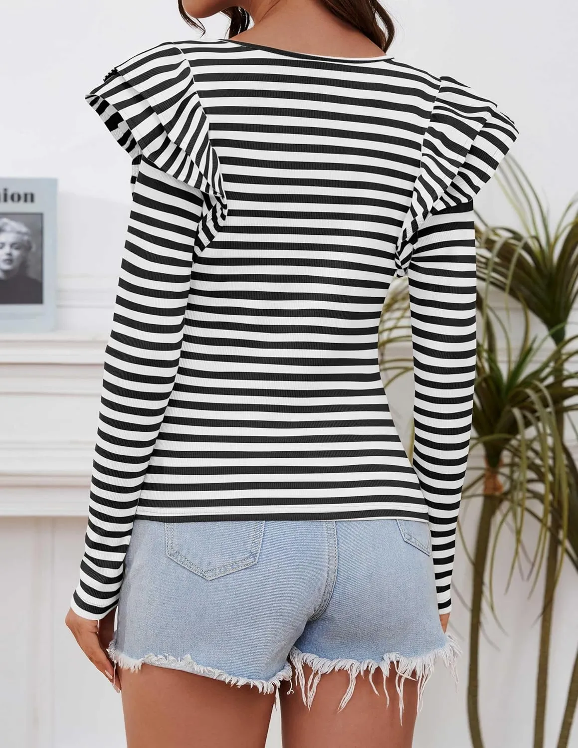 ZESICA Womens Ruffle Long Sleeve Scoop Neck Shirt Striped Slim Fitted Casual Basic Tee Tops Trendy Spring Clothes