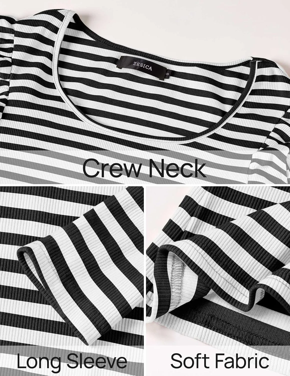 ZESICA Womens Ruffle Long Sleeve Scoop Neck Shirt Striped Slim Fitted Casual Basic Tee Tops Trendy Spring Clothes
