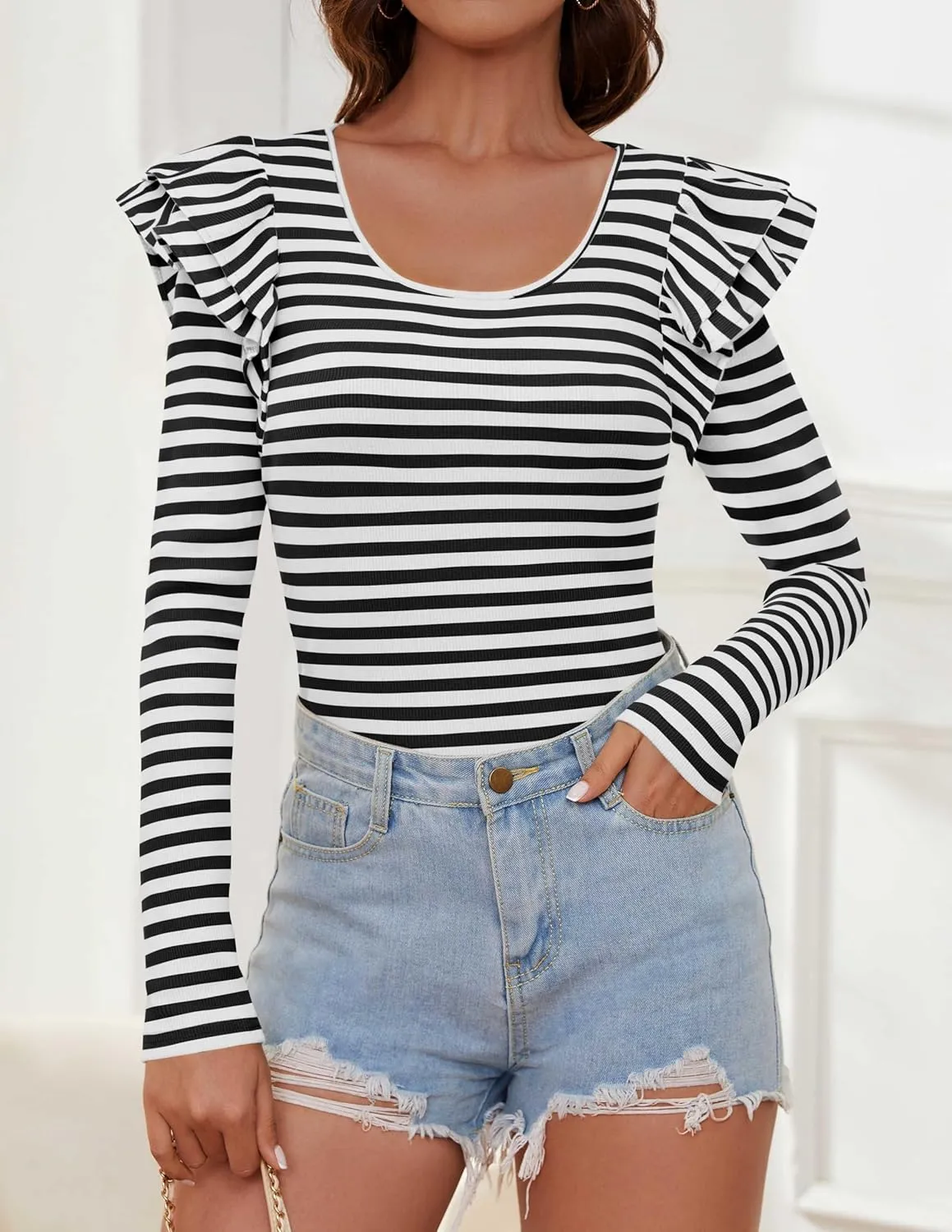 ZESICA Womens Ruffle Long Sleeve Scoop Neck Shirt Striped Slim Fitted Casual Basic Tee Tops Trendy Spring Clothes