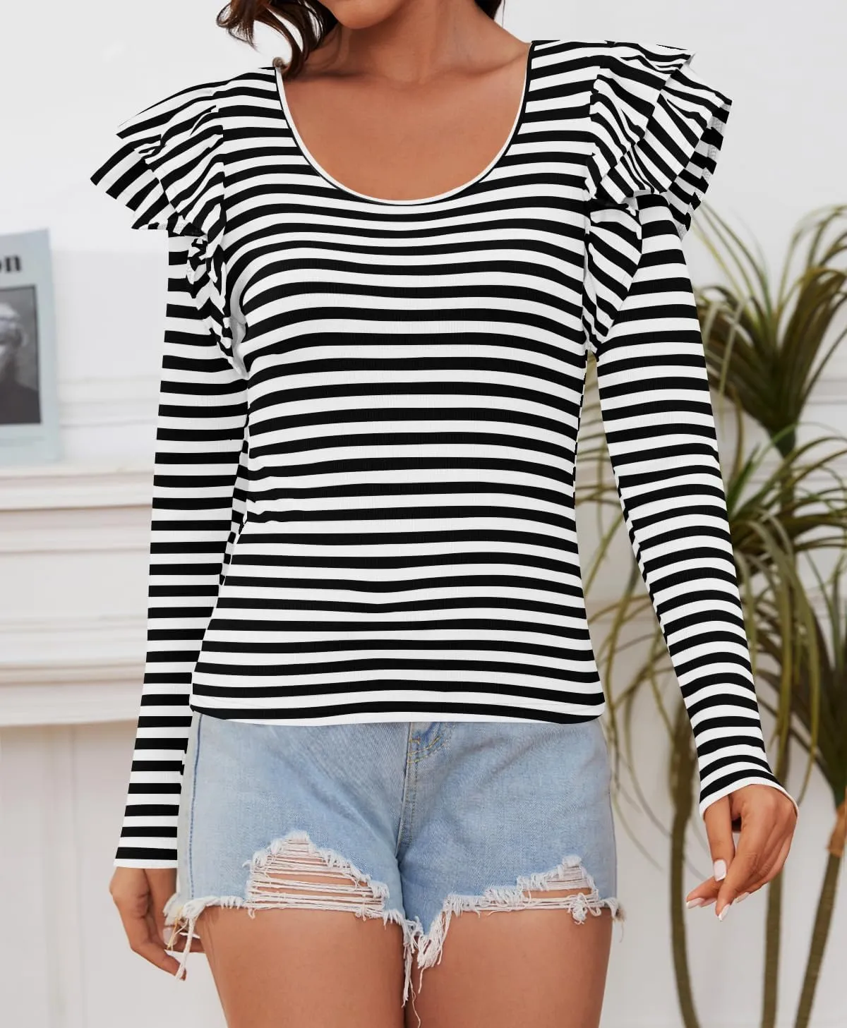 ZESICA Womens Ruffle Long Sleeve Scoop Neck Shirt Striped Slim Fitted Casual Basic Tee Tops Trendy Spring Clothes