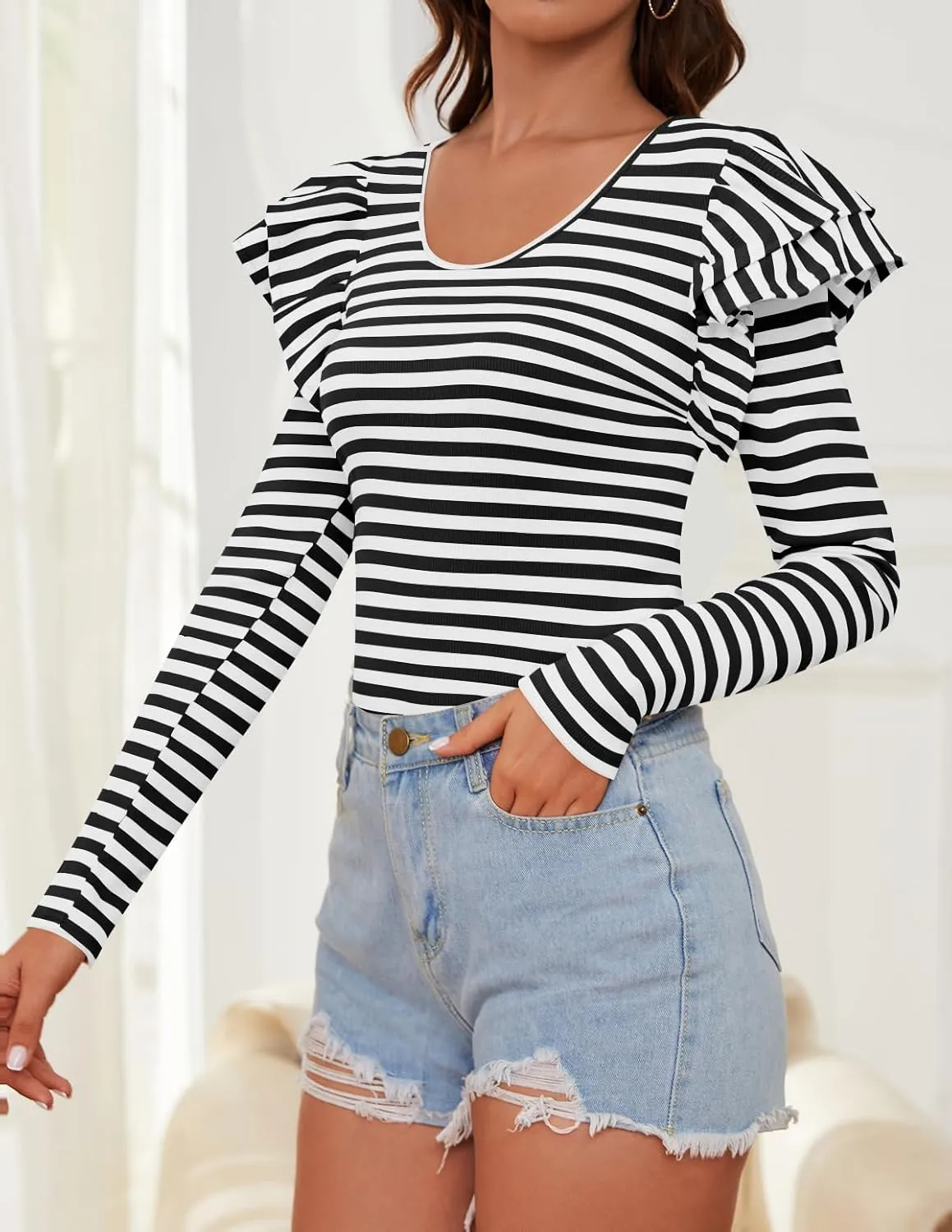 ZESICA Womens Ruffle Long Sleeve Scoop Neck Shirt Striped Slim Fitted Casual Basic Tee Tops Trendy Spring Clothes