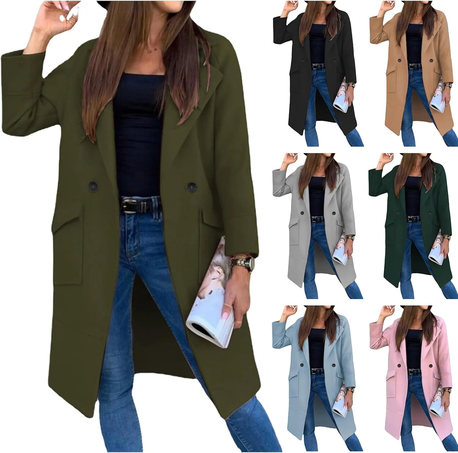 ZWRXW Women's Long Blazer Jackets Open Front Double Breasted Lapel Cardigans Loose Fit Business Work Overcoats with Pockets