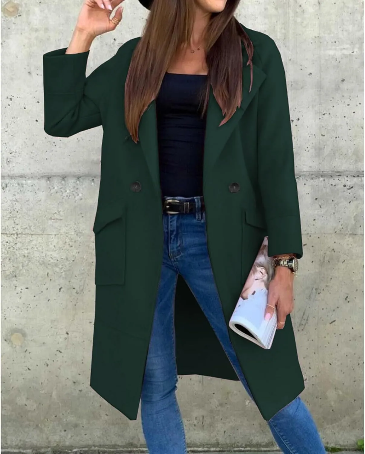 ZWRXW Women's Long Blazer Jackets Open Front Double Breasted Lapel Cardigans Loose Fit Business Work Overcoats with Pockets